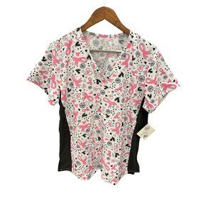 Divine Stretch Scrub Top L V-Neck Pink Ribbons & Hearts Print